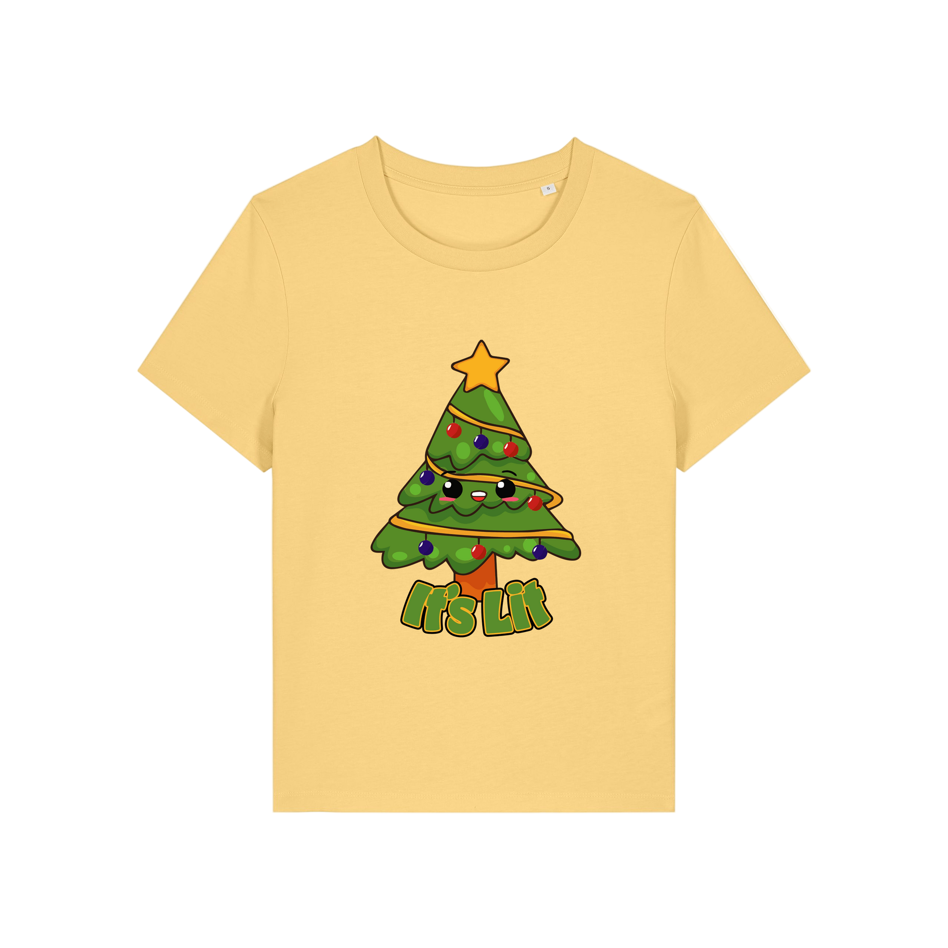yellow christmas t-shirt with the graphic of a christmas tree and the slogan 'it's lit'
