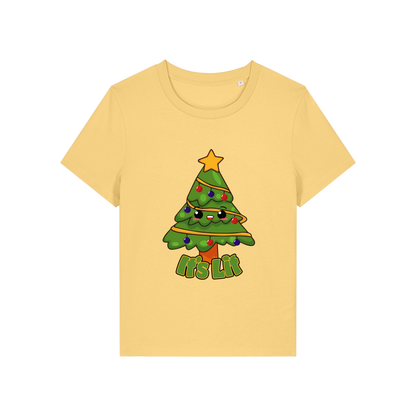yellow christmas t-shirt with the graphic of a christmas tree and the slogan 'it's lit'