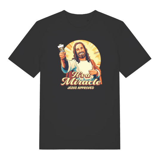 black funny jesus t-shirt with the graphic of jesus holding a tube of no more nails and the slogan 'it's a miracle jesus approved'