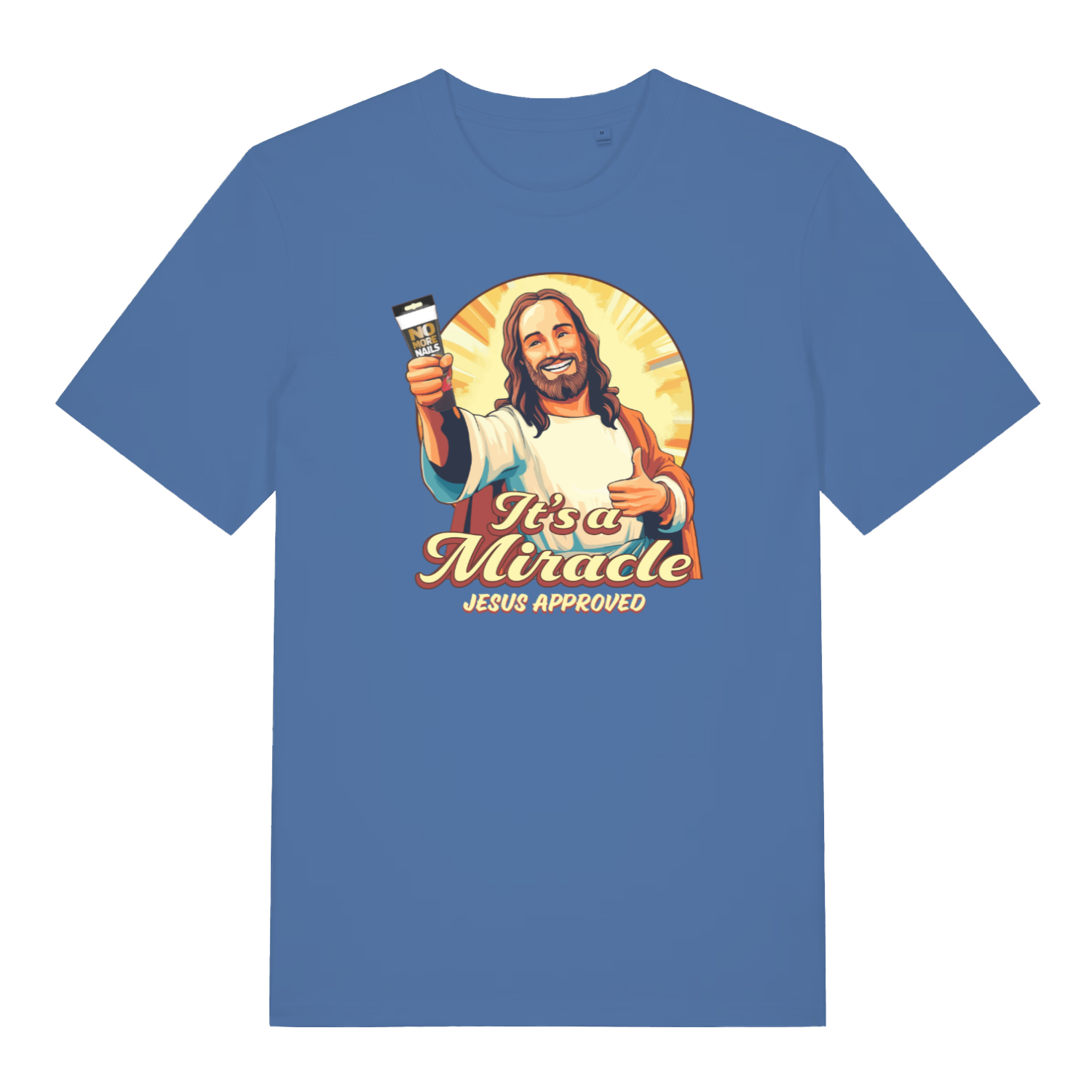 blue funny jesus t-shirt with the graphic of jesus holding a tube of no more nails and the slogan 'it's a miracle jesus approved'