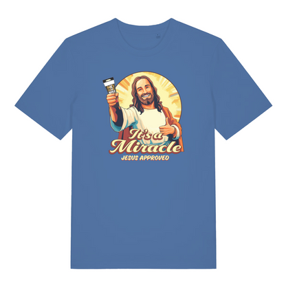 blue funny jesus t-shirt with the graphic of jesus holding a tube of no more nails and the slogan 'it's a miracle jesus approved'