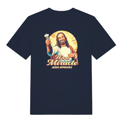 navy funny jesus t-shirt with the graphic of jesus holding a tube of no more nails and the slogan 'it's a miracle jesus approved'
