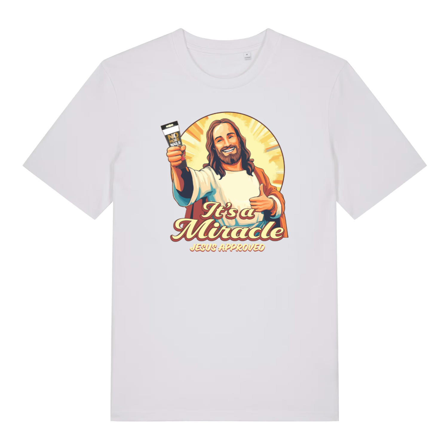 white funny jesus t-shirt with the graphic of jesus holding a tube of no more nails and the slogan 'it's a miracle jesus approved'