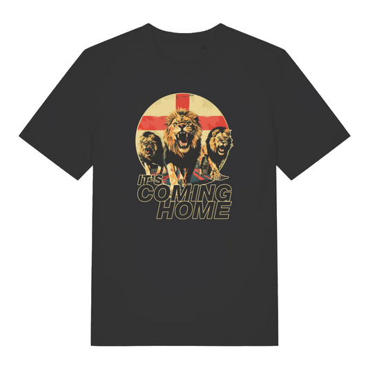 black football t-shirt with the graphic of three lions in front of an England flag and the slogan 'it's coming home'
