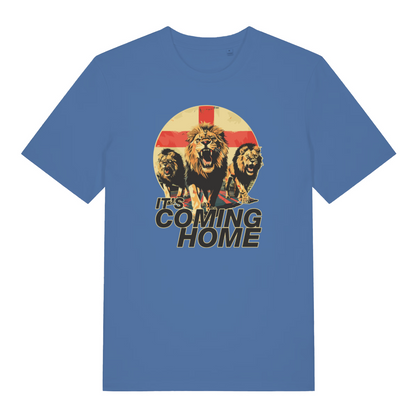 blue football t-shirt with the graphic of three lions in front of an England flag and the slogan 'it's coming home'