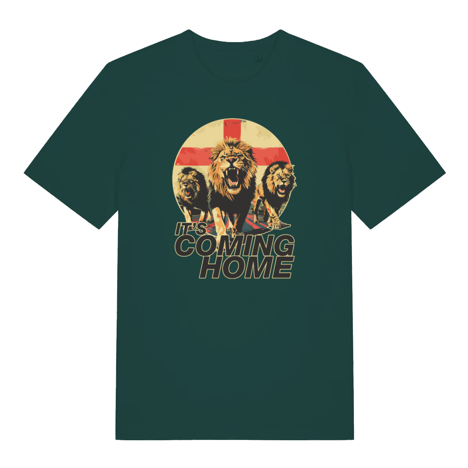 green football t-shirt with the graphic of three lions in front of an England flag and the slogan 'it's coming home'