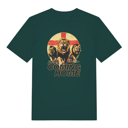 green football t-shirt with the graphic of three lions in front of an England flag and the slogan 'it's coming home'
