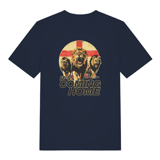 navy football t-shirt with the graphic of three lions in front of an England flag and the slogan 'it's coming home'