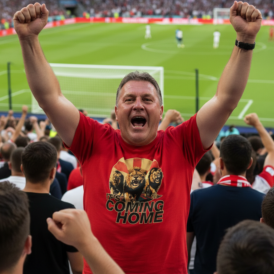 Man in red shirt cheering with stadium and crowd in the background