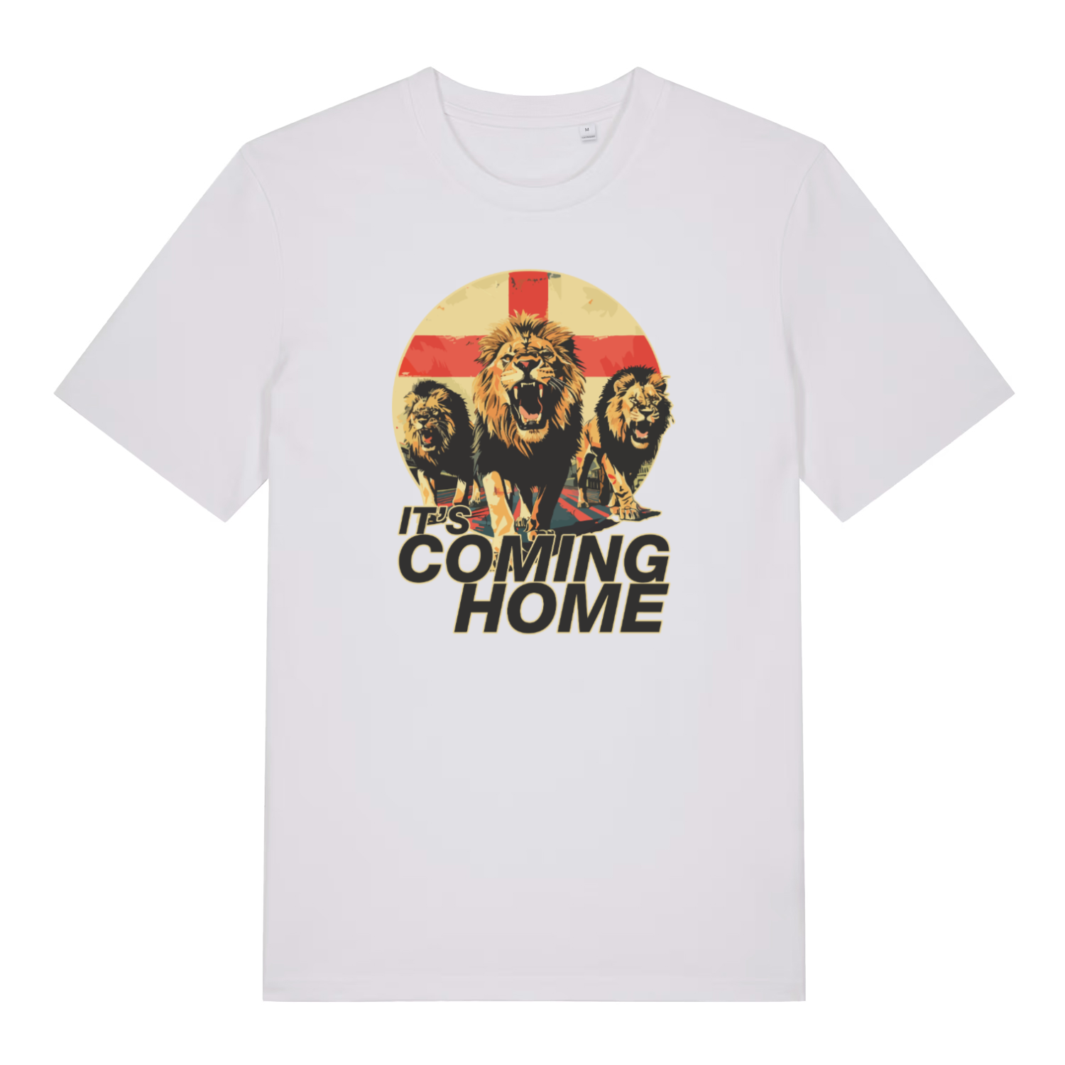 white football t-shirt with the graphic of three lions in front of an England flag and the slogan 'it's coming home'