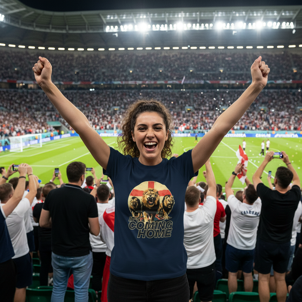 Woman in a stadium with arms raised, wearing a t-shirt with a graphic design.