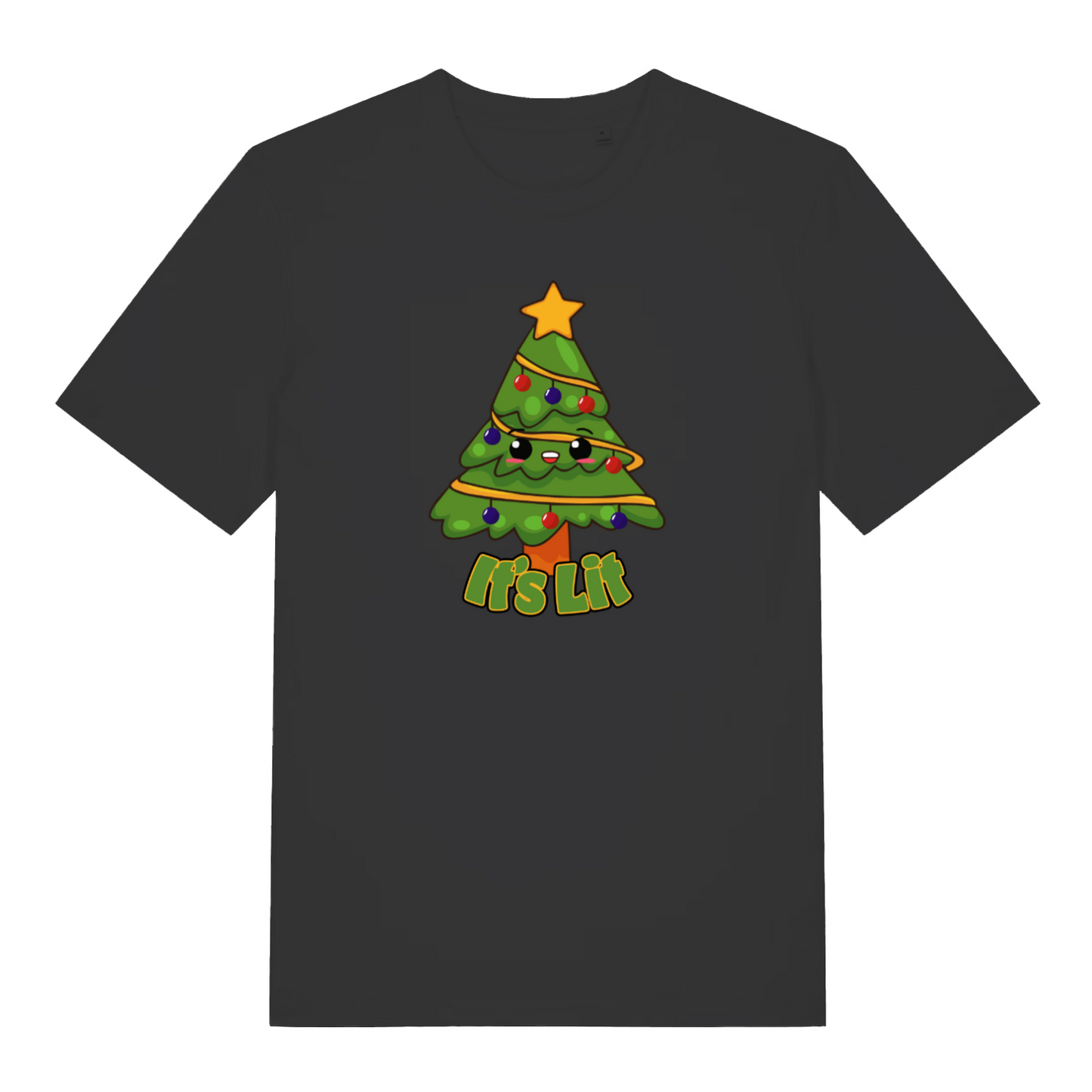 black christmas t-shirt with the graphic of a xmas tree and the slogan 'its lit'