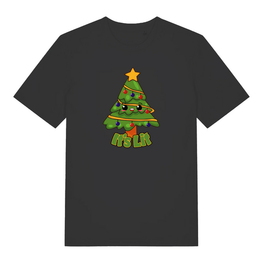 black christmas t-shirt with the graphic of a xmas tree and the slogan 'its lit'