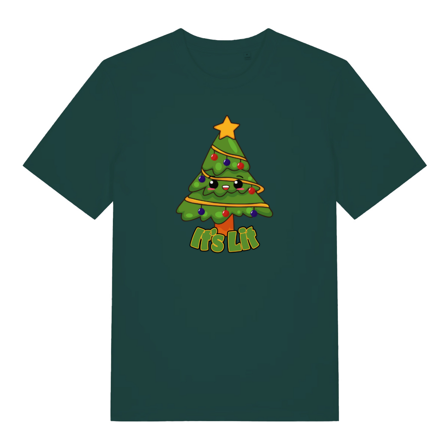 green christmas t-shirt with the graphic of a xmas tree and the slogan 'its lit'