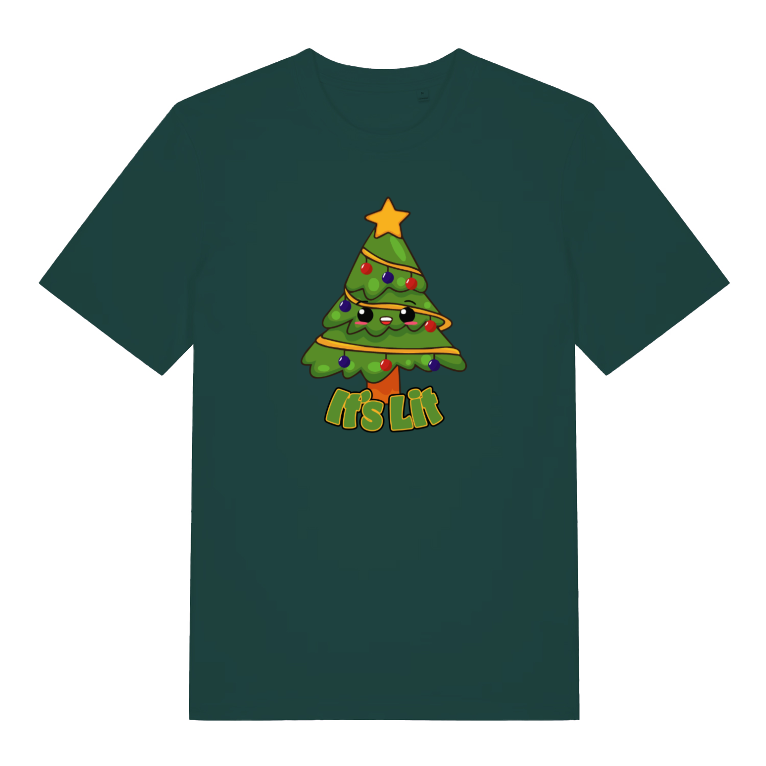 green christmas t-shirt with the graphic of a xmas tree and the slogan 'its lit'