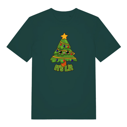 green christmas t-shirt with the graphic of a xmas tree and the slogan 'its lit'