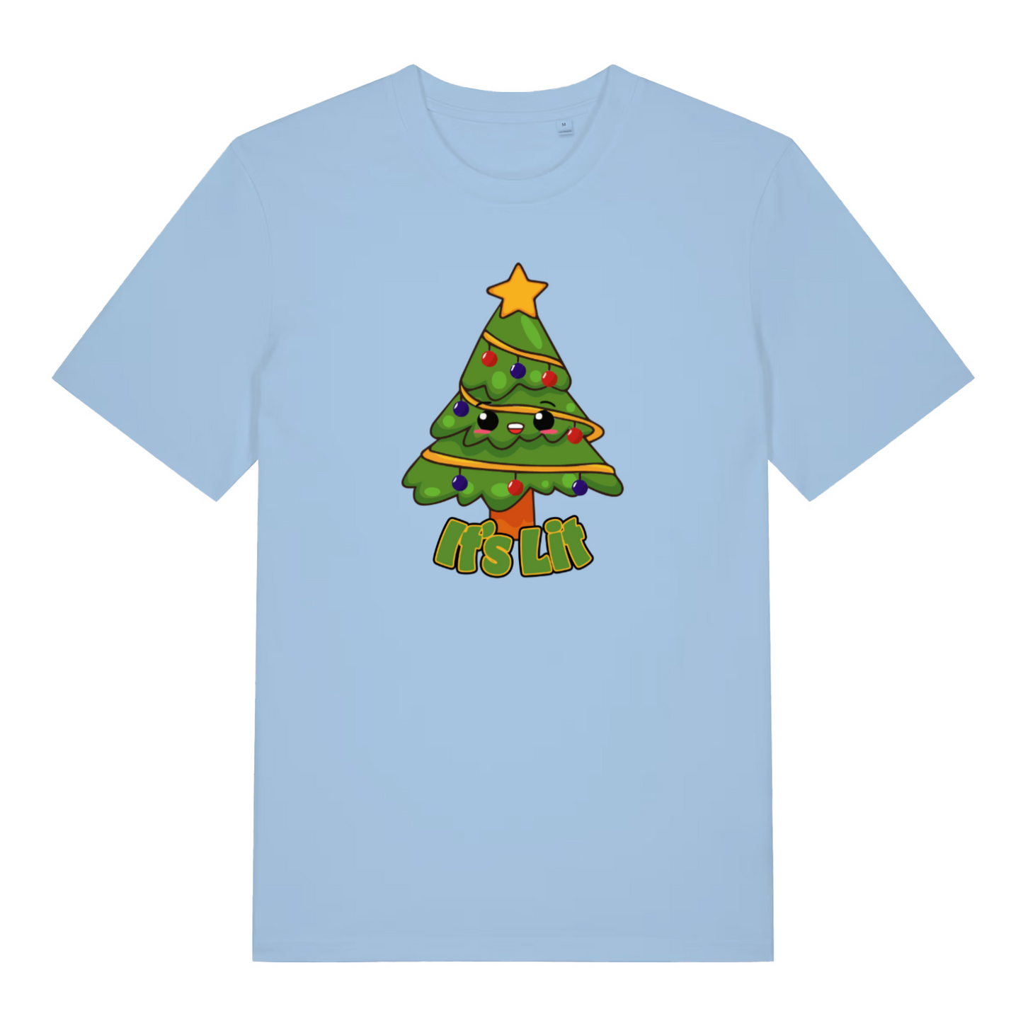 light blue christmas t-shirt with the graphic of a xmas tree and the slogan 'its lit'