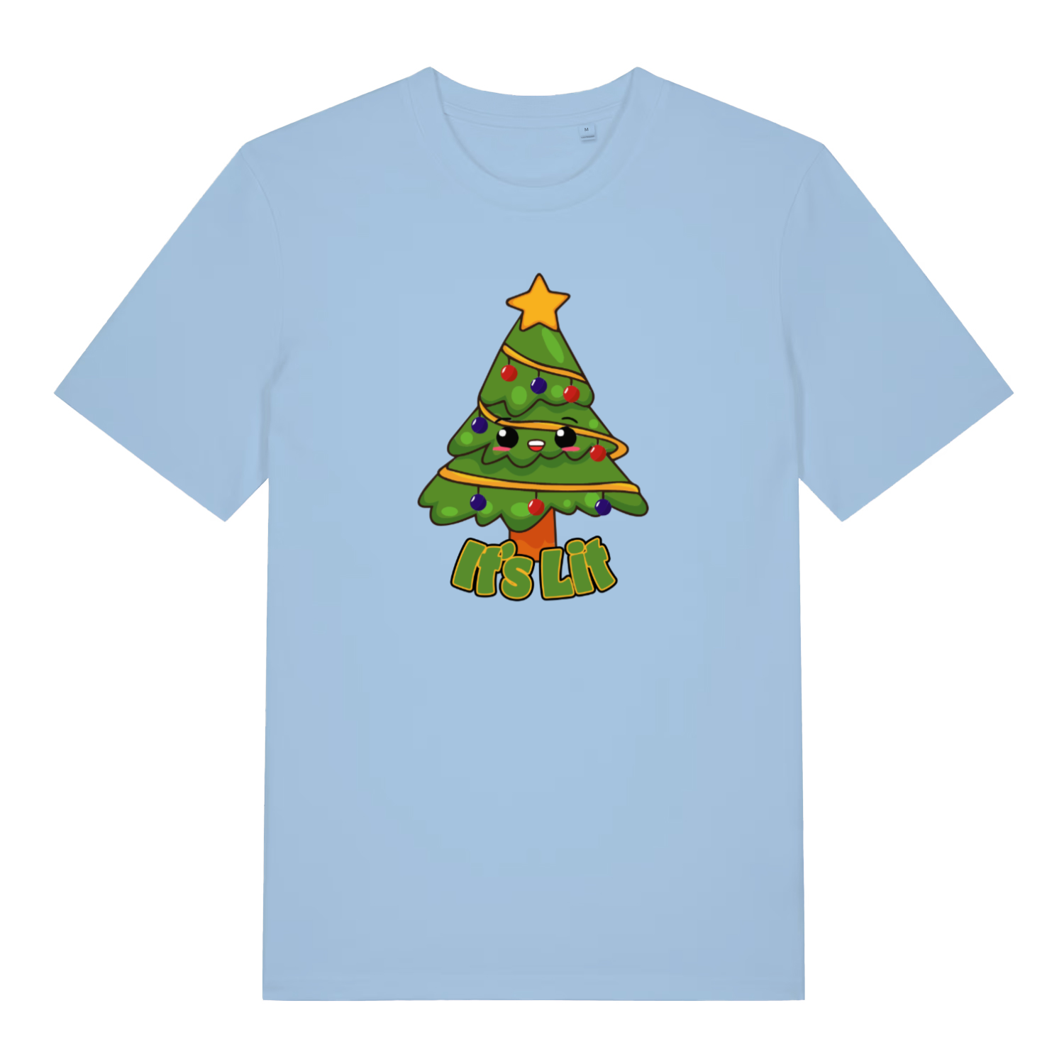 light blue christmas t-shirt with the graphic of a xmas tree and the slogan 'its lit'
