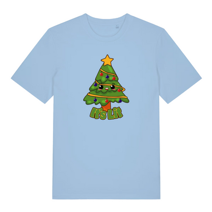 light blue christmas t-shirt with the graphic of a xmas tree and the slogan 'its lit'