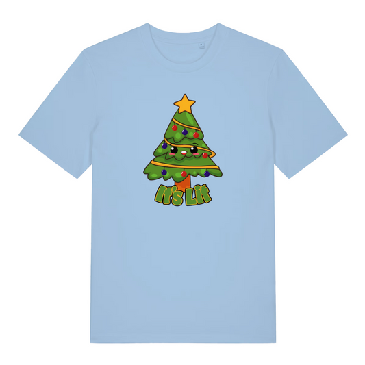 light blue christmas t-shirt with the graphic of a xmas tree and the slogan 'its lit'
