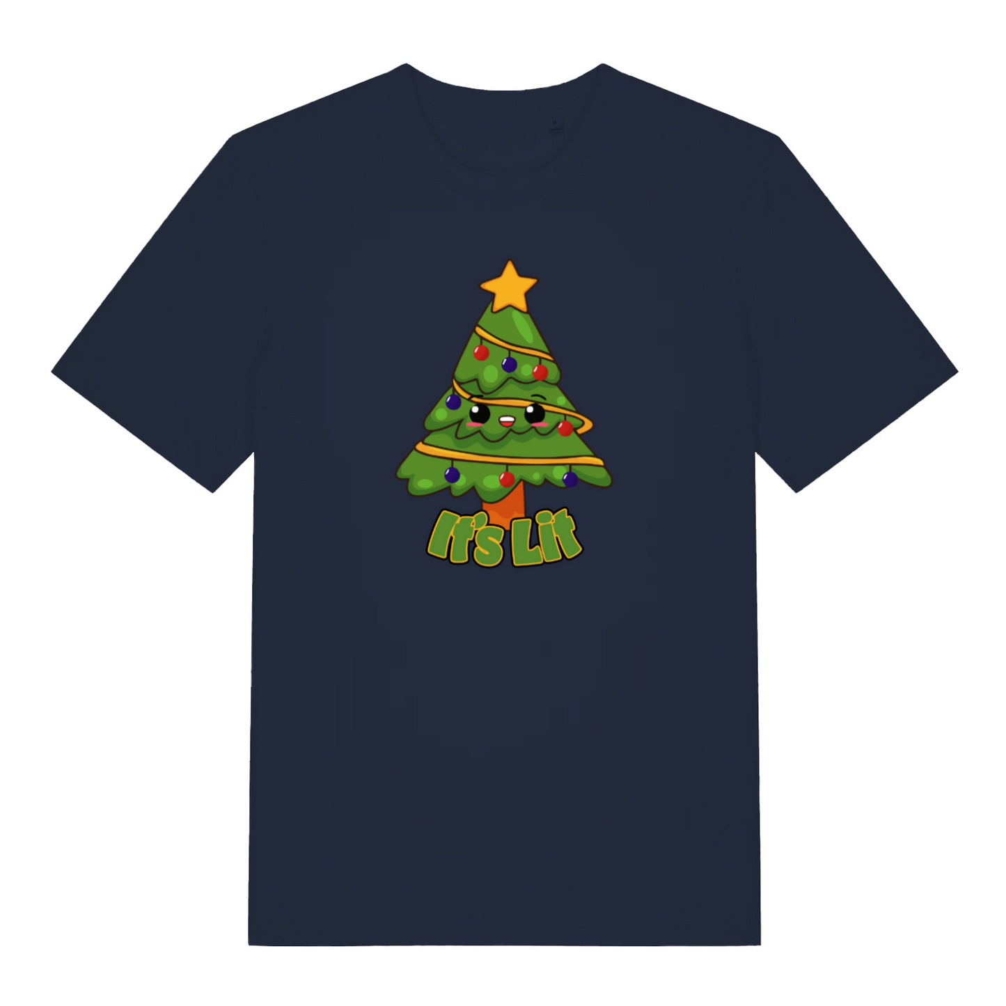 navy christmas t-shirt with the graphic of a xmas tree and the slogan 'its lit'