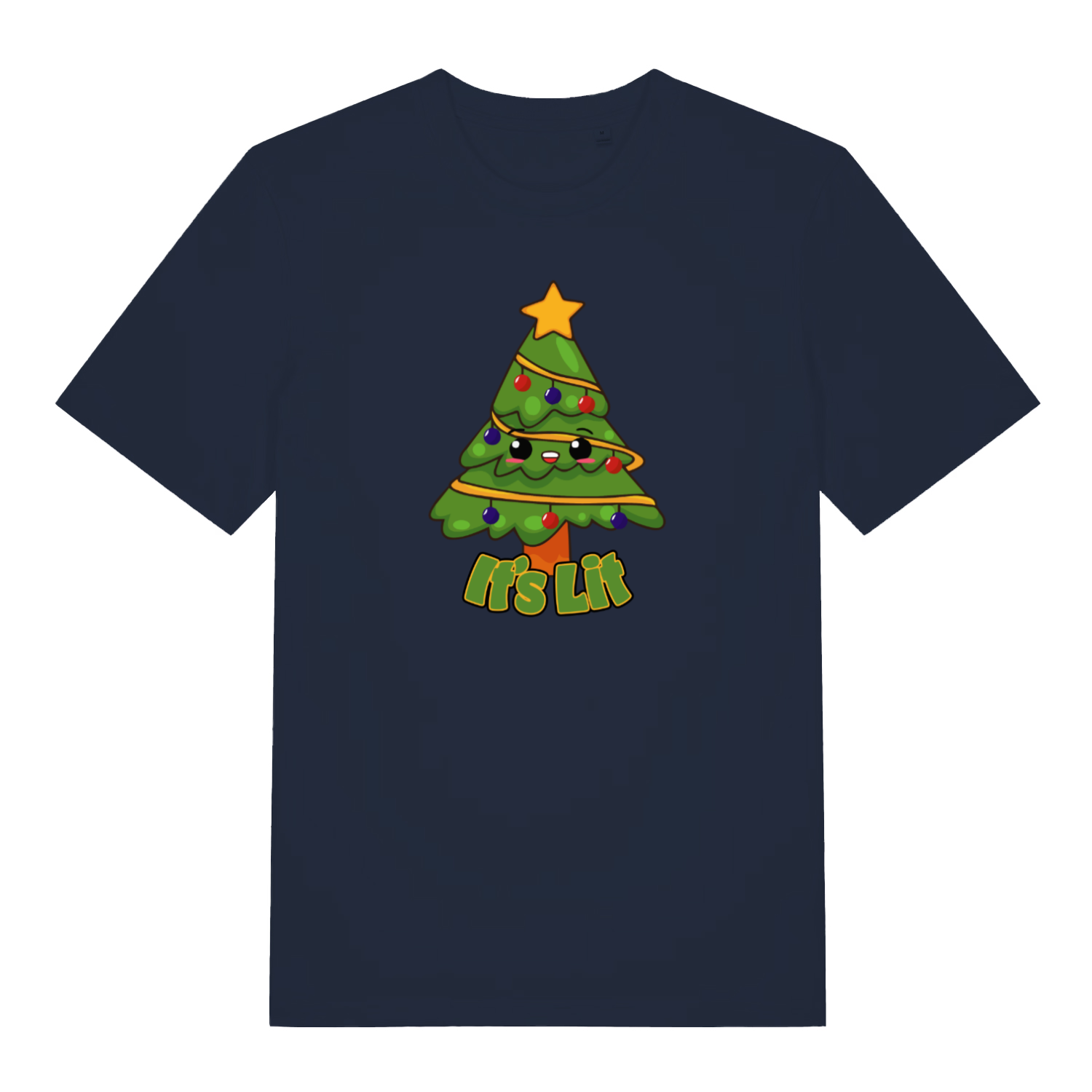 navy christmas t-shirt with the graphic of a xmas tree and the slogan 'its lit'