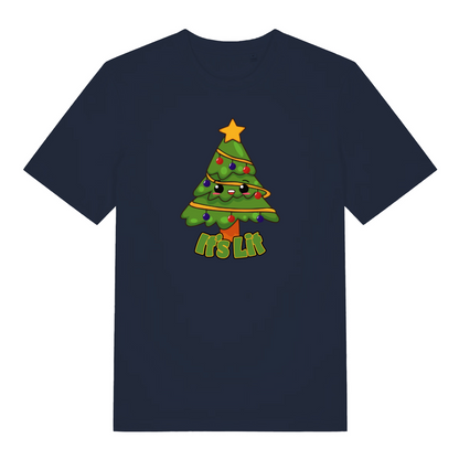 navy christmas t-shirt with the graphic of a xmas tree and the slogan 'its lit'