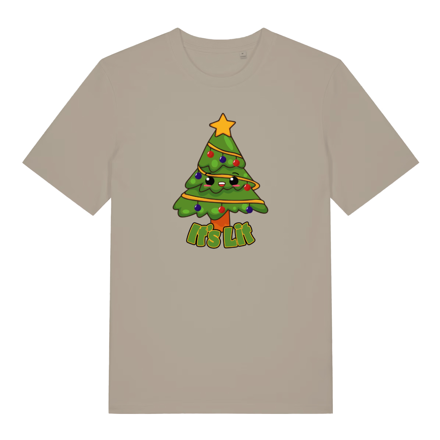 stone christmas t-shirt with the graphic of a xmas tree and the slogan 'its lit'