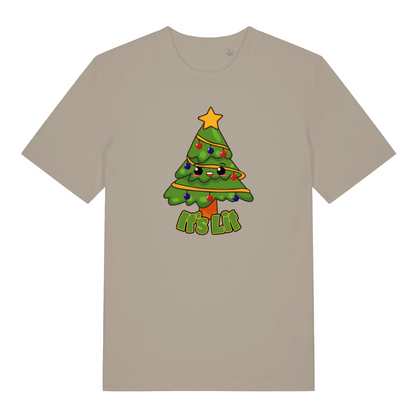 stone christmas t-shirt with the graphic of a xmas tree and the slogan 'its lit'