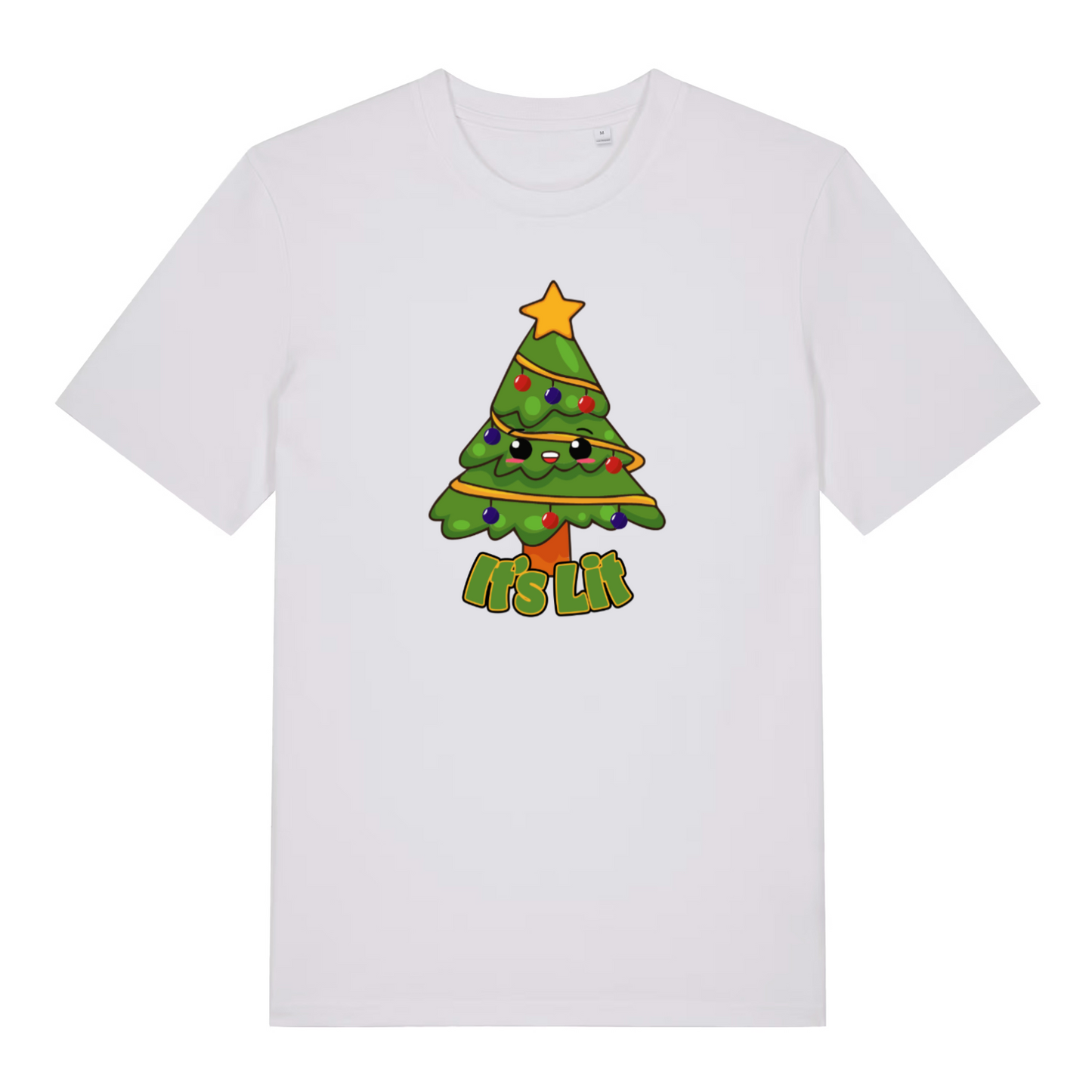 white christmas t-shirt with the graphic of a xmas tree and the slogan 'its lit'