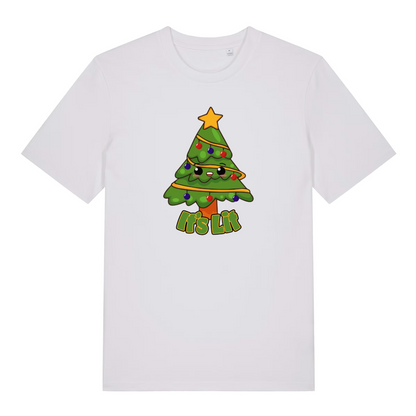 white christmas t-shirt with the graphic of a xmas tree and the slogan 'its lit'