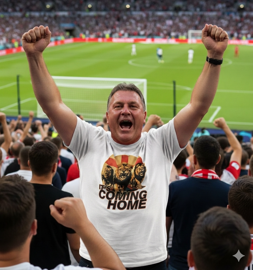 Man in a stadium with arms raised, wearing a 'Coming Home' t-shirt.