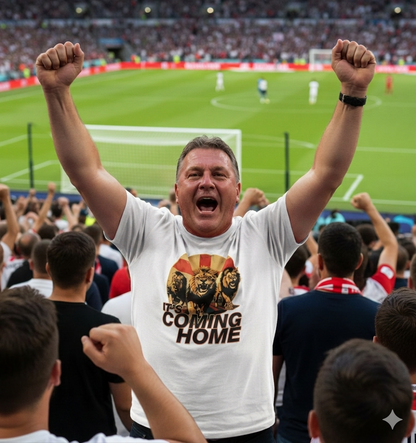 Man in a stadium with arms raised, wearing a 'Coming Home' t-shirt.