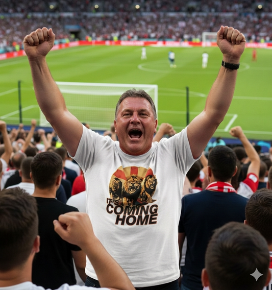Man in a stadium with arms raised, wearing a 'Coming Home' t-shirt.