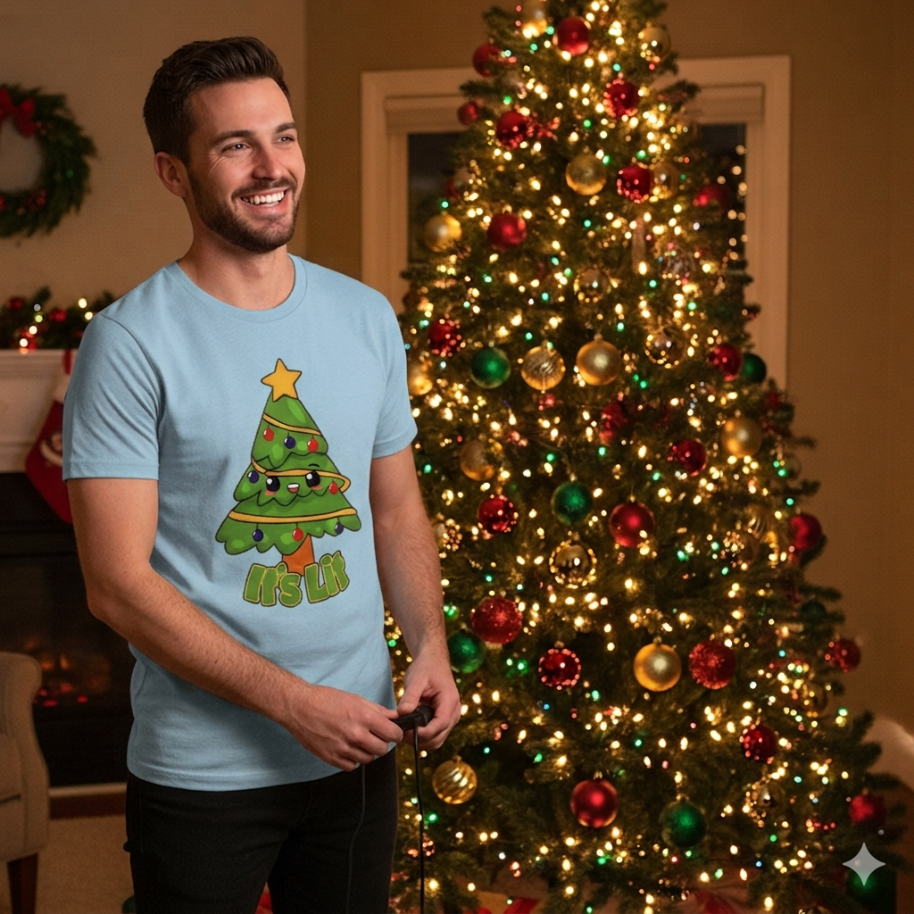 man stood in front of a brightly lit christmas tree wearing a light blue christmas t-shirt with a xmas tree design