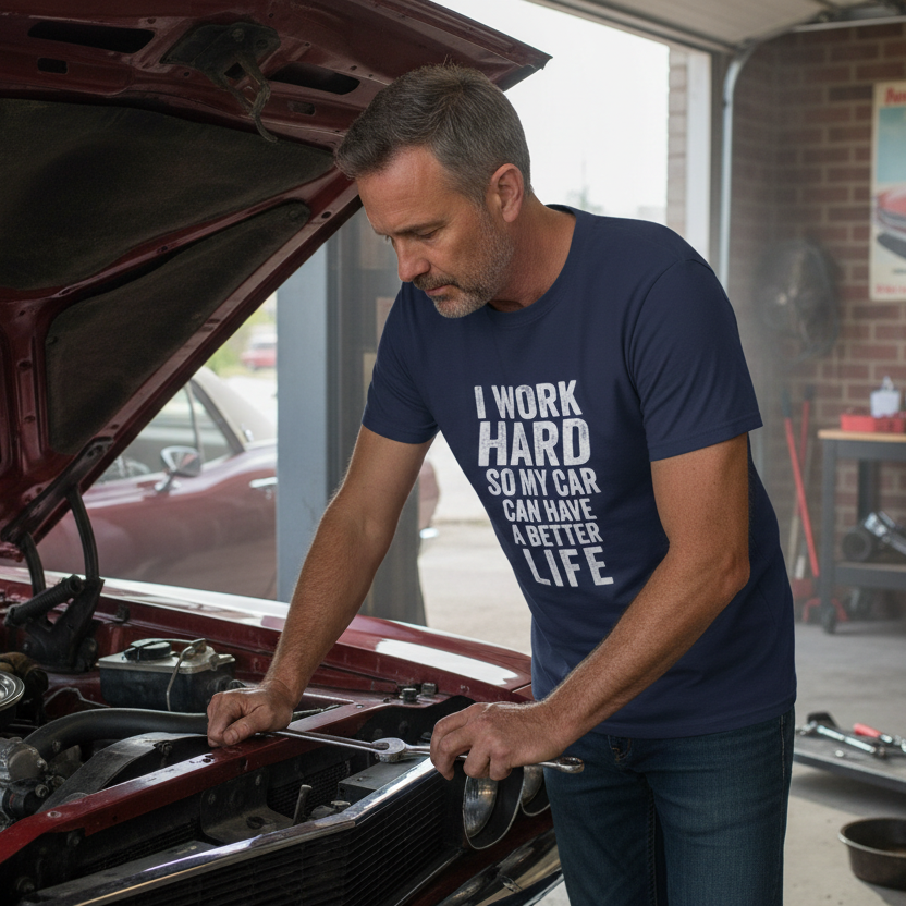 Man working on a car in a garage wearing a t-shirt with a humorous message.