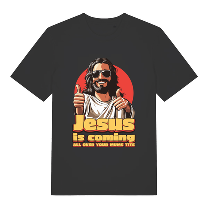 Black Jesus Is Coming funny graphic t-shirt showing double thumbs-up Jesus and offensive “ALL OVER YOUR MUMS TITS” design  
