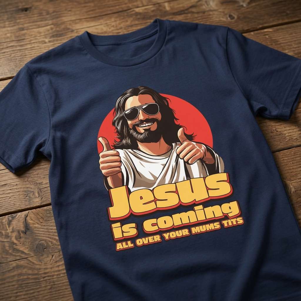 Navy Jesus is Coming All Over Your Mum’s Tits t-shirt on wood featuring cool Jesus graphic, funny mens really offensive rude graphic