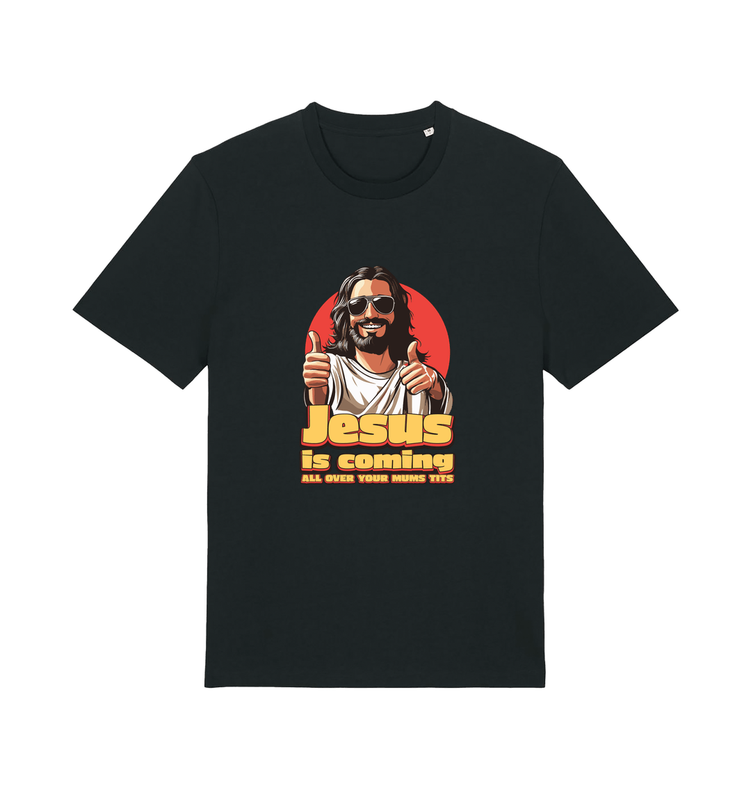 black funny jesus t-shirt with a graphic of jesus sticking his thumbs up and the slogan 'jesus is coming all over your mums tits'