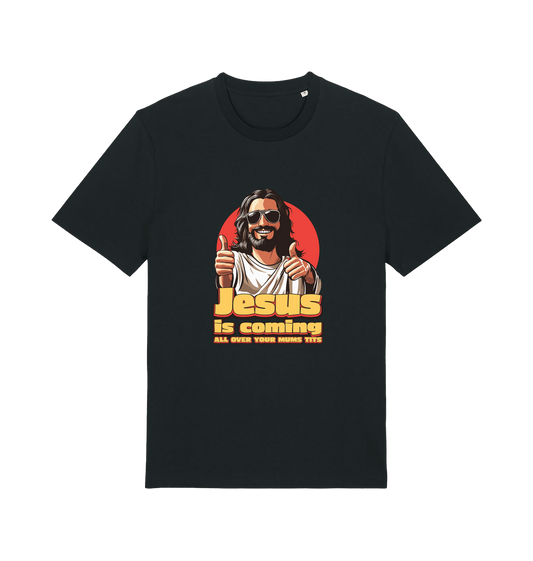 black funny jesus t-shirt with a graphic of jesus sticking his thumbs up and the slogan 'jesus is coming all over your mums tits'