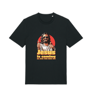 black funny jesus t-shirt with a graphic of jesus sticking his thumbs up and the slogan 'jesus is coming all over your mums tits'