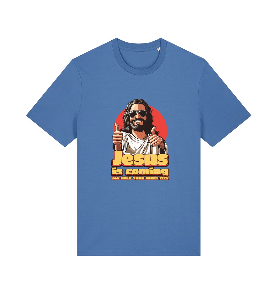 blue funny jesus t-shirt with a graphic of jesus sticking his thumbs up and the slogan 'jesus is coming all over your mums tits'