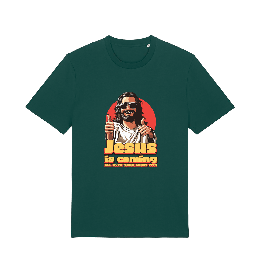 green funny jesus t-shirt with a graphic of jesus sticking his thumbs up and the slogan 'jesus is coming all over your mums tits'