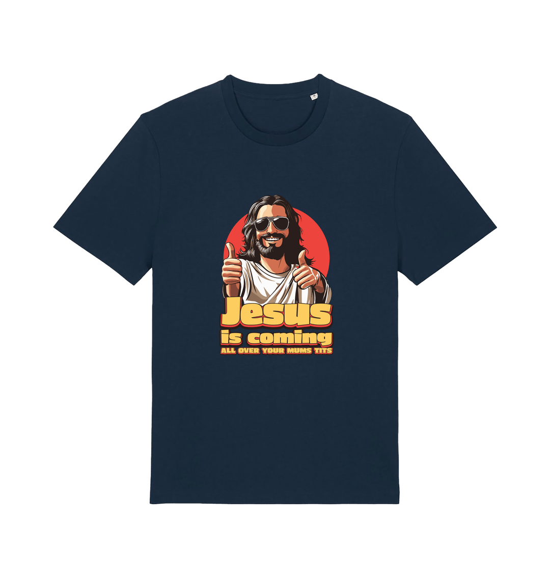 navy funny jesus t-shirt with a graphic of jesus sticking his thumbs up and the slogan 'jesus is coming all over your mums tits'
