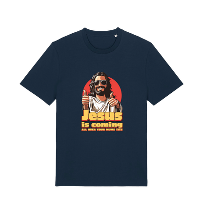 navy funny jesus t-shirt with a graphic of jesus sticking his thumbs up and the slogan 'jesus is coming all over your mums tits'