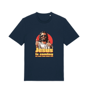navy funny jesus t-shirt with a graphic of jesus sticking his thumbs up and the slogan 'jesus is coming all over your mums tits'