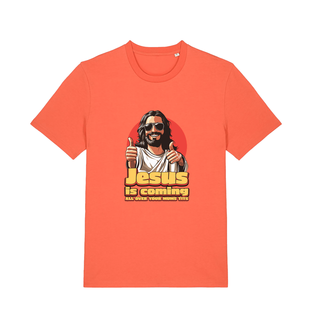 orange funny jesus t-shirt with a graphic of jesus sticking his thumbs up and the slogan 'jesus is coming all over your mums tits'