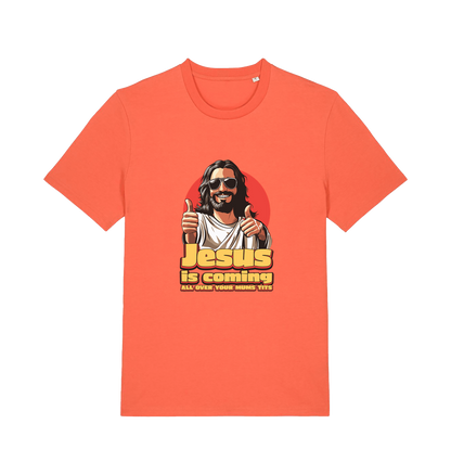 orange funny jesus t-shirt with a graphic of jesus sticking his thumbs up and the slogan 'jesus is coming all over your mums tits'