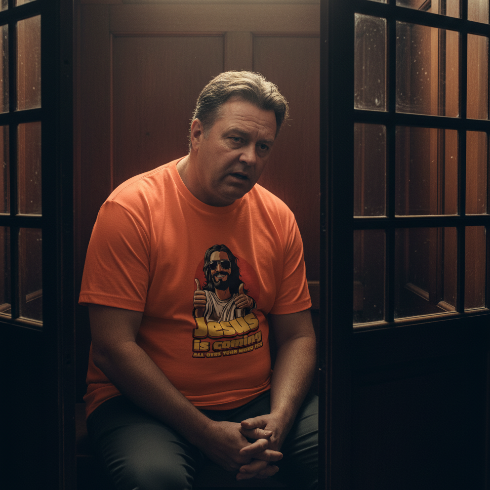 Man wearing an orange t-shirt with a graphic design, sitting in a dimly lit room with bars on the windows.