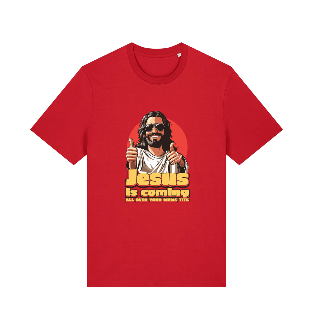 red funny jesus t-shirt with a graphic of jesus sticking his thumbs up and the slogan 'jesus is coming all over your mums tits'